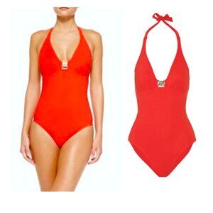 TORY BURCH Logo One Piece halter swimsuit NWT $195 sz L Red